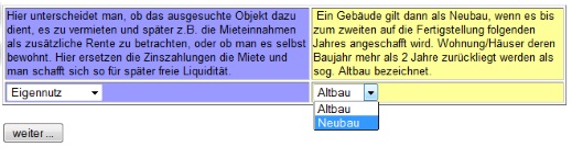 aktueller Screenshot der Auswahlmaske aus dem Immobilienrechner