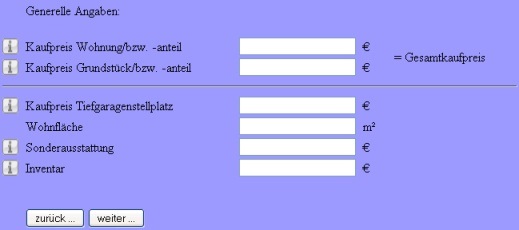 aktueller Screenshot eines Eingabefensters aus dem Immobilienrechner